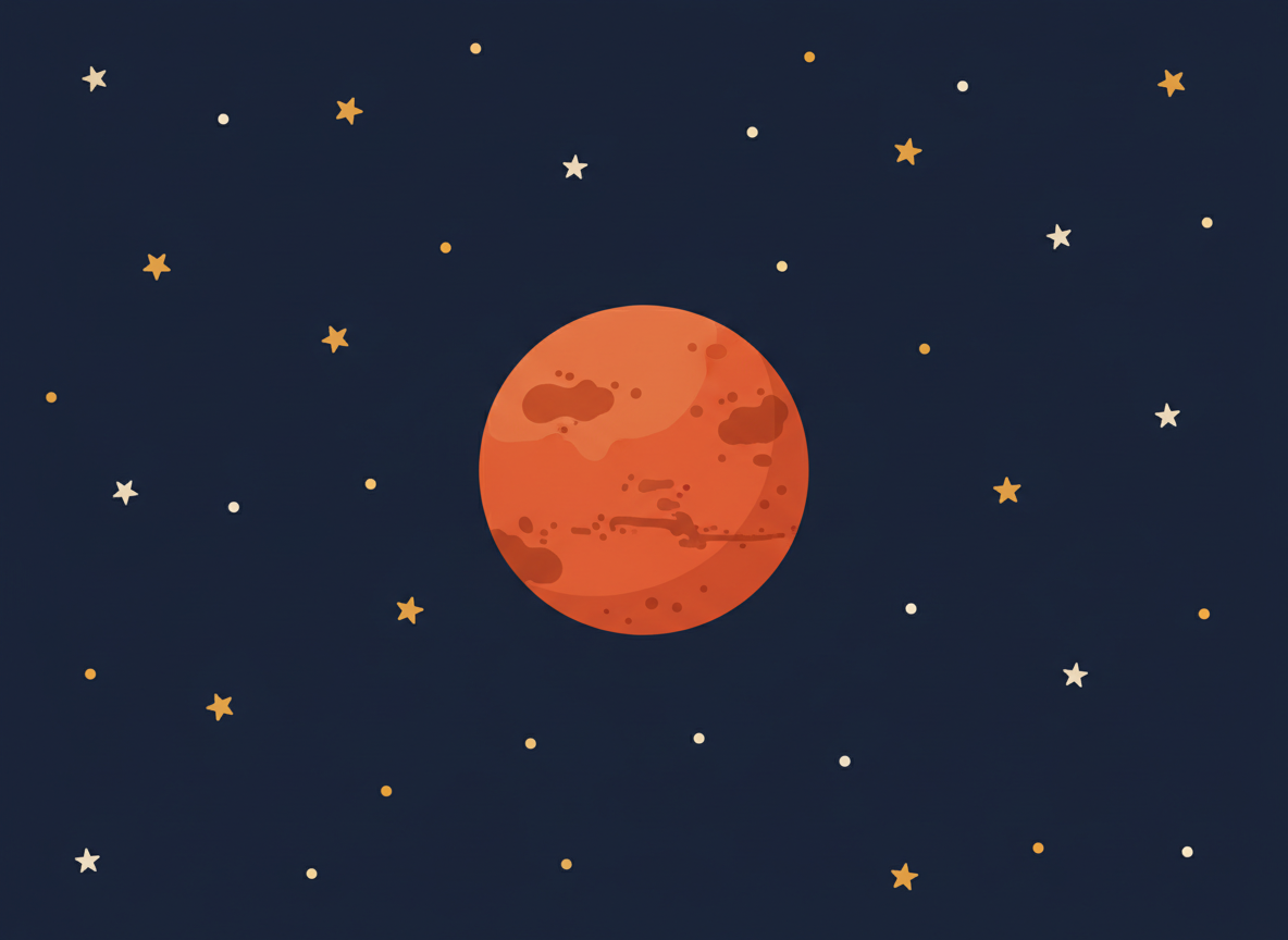 Flat vector illustration, minimalist children's book style, a small orange-red planet Mars with subtle darker patches, dark navy starry space background, warm curious mood, no text