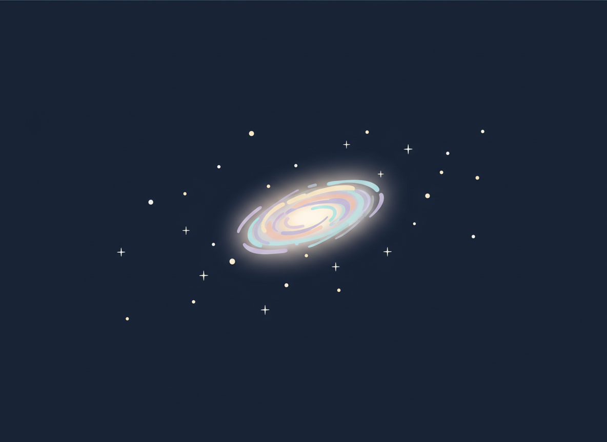 Flat vector illustration, minimalist children's book style, a soft hazy oval galaxy glowing faintly far away surrounded by scattered stars, dark navy background, ancient timeless dreamy mood, no text
