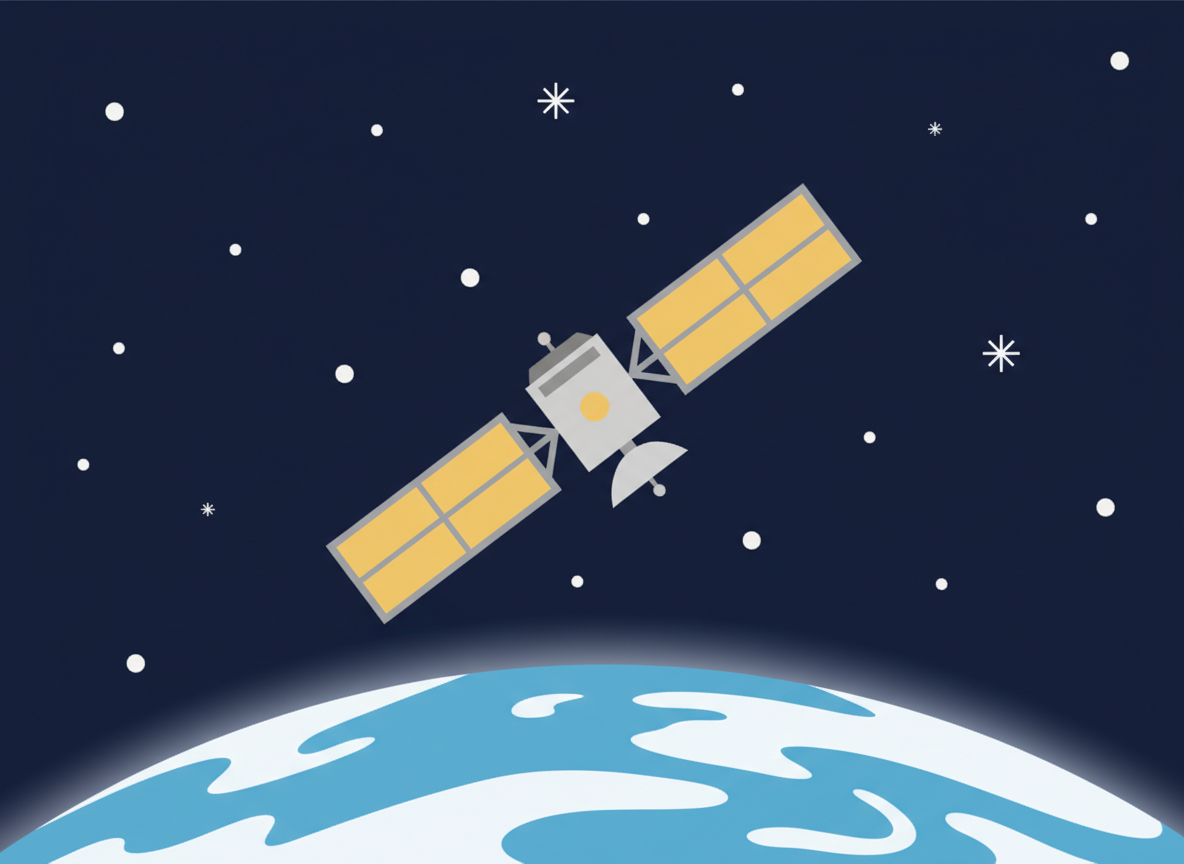 Flat vector illustration, minimalist children's book style, a small satellite with solar panel wings orbiting above a curved blue Earth horizon, dark navy space background with stars, calm technical mood, no text