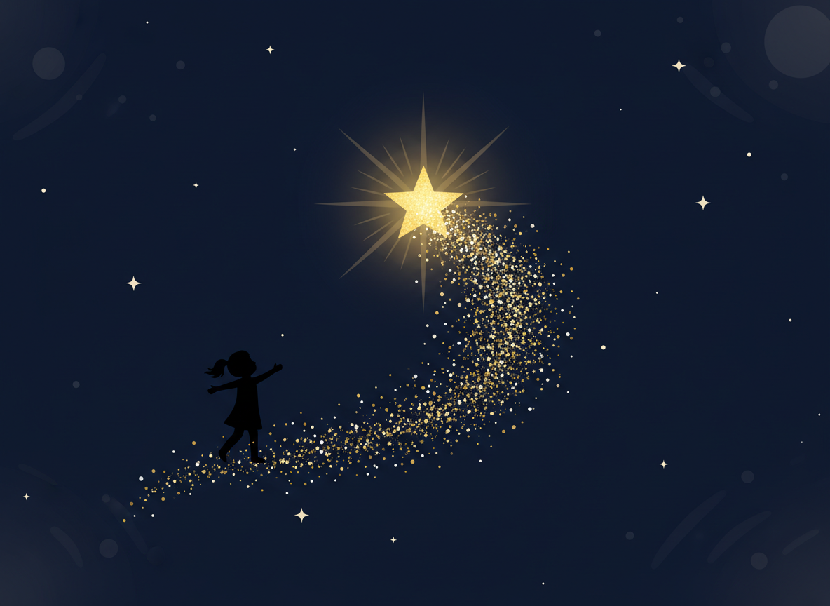 Flat vector illustration, minimalist children's book style, a glowing golden star exploding into sparkling particles that drift toward a small silhouette of a child, dark navy space background, magical warm mood, no text