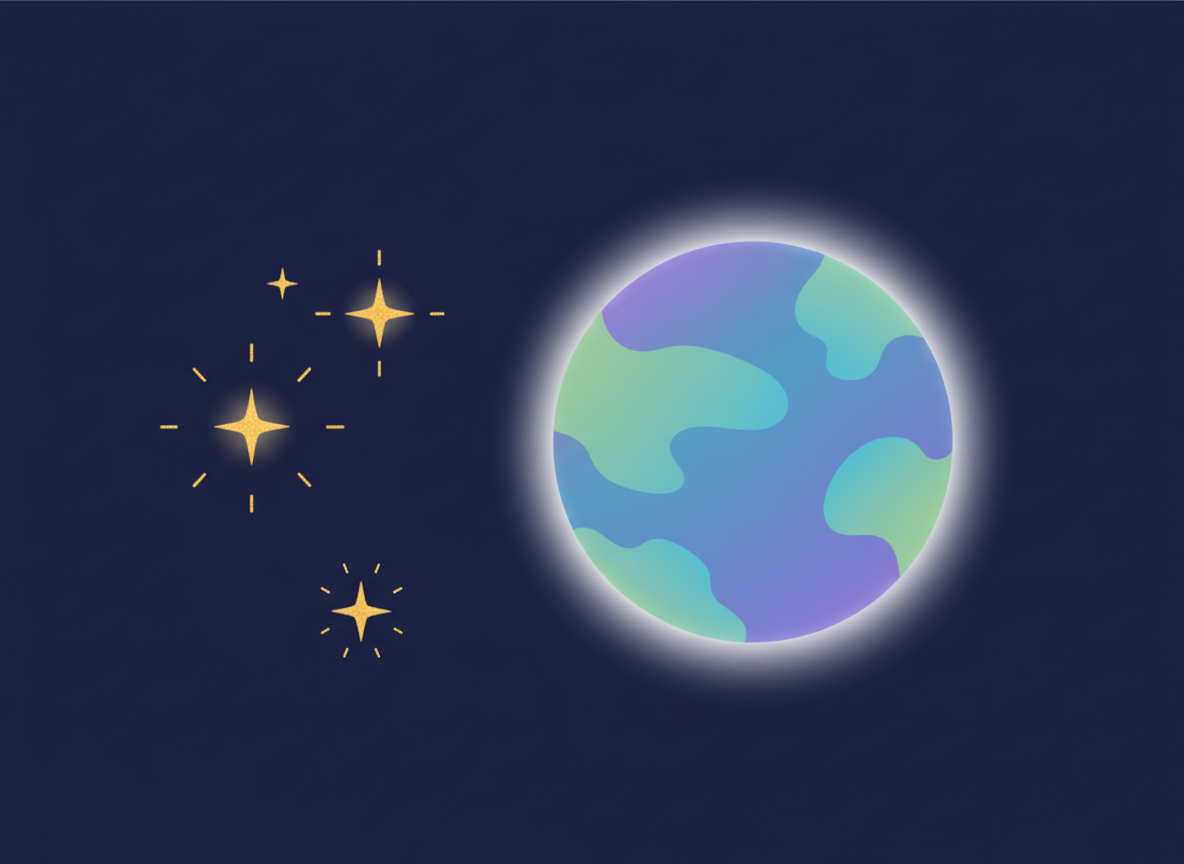 Flat vector illustration, minimalist children's book style, a few twinkling sparkly stars next to one steady glowing planet, dark navy night sky background, playful curious mood, no text